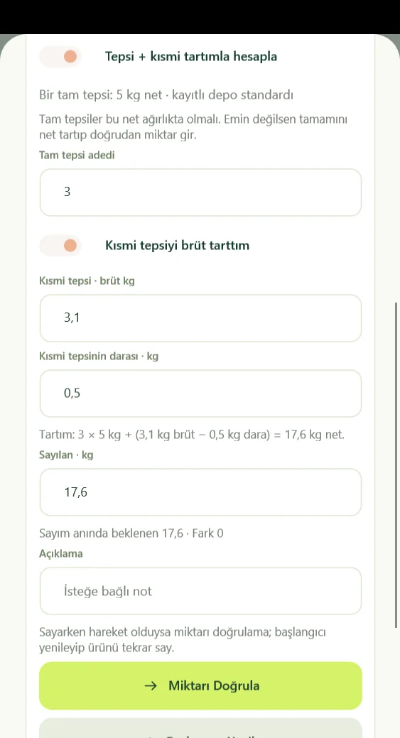 Mobil normal sayım ekranı — miktar doğrulama ve fark değerlendirmesi